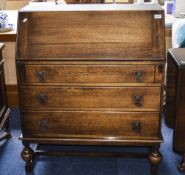 Oak Bureau Bookcase, Leaded Glazed Top Above A Fall Front With Fitted Interior,