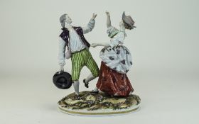 German Late 19th Century Hand Painted Porcelain Figure, A Dancing Couple In 19th Century Dress,