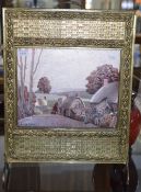 Brass Framed Fire Screen, With Printed Village Street Scene. Height 26 Inches.