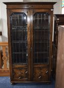 Oak Jacobean Style Display Unit, Leaded Glazed Front With Storage Base, Height 71 Inches,
