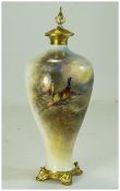 Royal Worcester Hand Painted Lidded Vase, Pheasant and Pea Hens In a Woodland Setting.