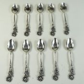 Swedish Fine Set of 10 Rose and Leaf Designed Headed Silver Teaspoons.