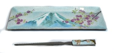 Japanese Very Fine Cloisonne And Enamel On White Metal Tray And Paper Knife,