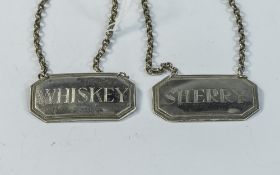 Elizabeth II Silver Decanter Spirit Labels, Whiskey & Sherry, Hallmark London 1969-1970,