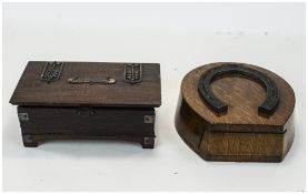 Early 20thC Horse Shoe Shaped Cribbage Box, Made In Oak With Brass Mount,