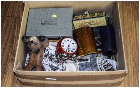 Misc Box Of Oddments & Collectables, Alarm Clock, Figures, Glass, Pottery,