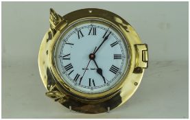 Royal Mariner Heavy Brass Ships Style Clock with Opening Hatch and Bevelled Glass. As New Condition.