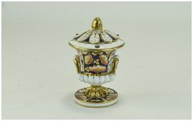 Derby - Hand Painted Urn - Shaped Lidded Vase, Gold Painted Highlights.