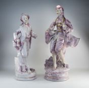 Italian Decorative Pair of Large Hand Decorated 19th Century Dressed Ceramic Figure In Pink and
