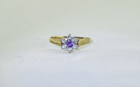 Ladies 9ct Gold Set Diamond And Sapphire Cluster Ring, Flowerhead Setting, Fully Hallmarked.