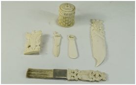 Small Mixed Lot Of Ivory And Bone Items, Comprising Two Small Book Marks, Letter Opener,