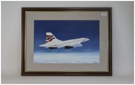 R Wells Framed And Glazed Watercolour Depicting A Concorde Signed And Dated Bottom Right 13 x 20