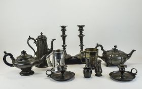 Collection Of 19th/20thC Pewter Comprising Candlesticks, Teapots,