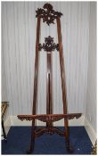 Large Mahogany Carved Artwork Easel, With Adjustable Rest, Strut Back,