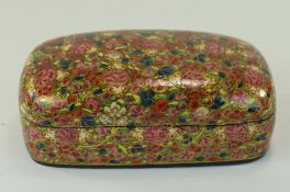 Floral Decorated Lidded Paper Mache Rectangle Shaped Box. Indian. Height 2.75 Inches, Width 7.