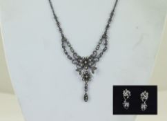 Antique - Impressive Silver Seed Pearl and Marcasite Set Necklace with Similar Pair of Earrings.