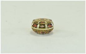 Royal Crown Derby - Miniature Imari Patterned Octagonal Shaped Pill Box. Date 1917. 2 Inches Wide.