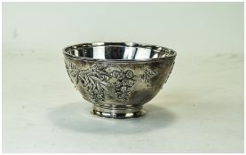 Chinese Export Silver Bowl, Raised Floral Decoration, Character Marks To Base.