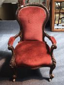 Victorian Walnut Spoon Back Arm Chair, Red Upholstered Padded Back Rest And Seat,