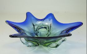 Murano Studio Art Glass Bowl In Blue Colour Gradient. Diameter 13.5 Inches.