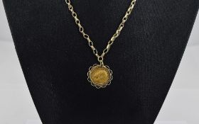 George V 22ct Gold Half Sovereign Pendant with Attached 9ct Gold Belcher Chain. Fully Hallmarked.