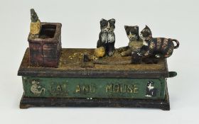 Old Cast Iron and Hand Painted Cat and Mouse Money Box. Working Order. 5.