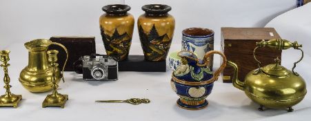 Mixed Lot Of Collectables Comprising Brass Kettle, Jug, Candlestick, Koroll Camera, Wooden Hinged