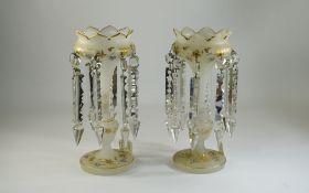 Pair Of Victorian milk Glass Lustre's Shaped Edge Above Blue Painted And Gilt Leaf Decoration Over