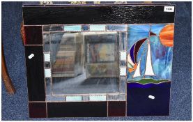 Leaded Tiffany Style Glass Mirror, Stylised Yacht Design In Blues, Green And Reds, 19 x 24 Inches.