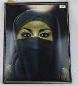 Framed Picture On Felt, Depicting A Middle Eastern Veiled Lady.