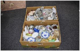 Two Boxes Of Misc Pottery, Comprising Glass, Trinkets, Dishes,