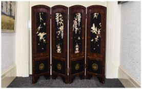 Oriental Style Four Panel Screen Applied Floral & bird Decoration,