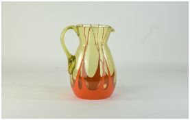 Michael Powolny Style Water Jug In Lime With Orange Threading And Base, Height 8½ Inches