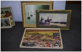 Three Framed Pictures Comprising An Oil On Board Depicting A Travelling Circus & Funfair Signed W