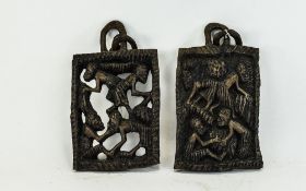 Tribal Art/Possibly Slavery Interest Pair Of Unusual Wooden Carved Wall Plaques Each Depicting Four