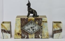 French Art Deco Clock Garniture Set In Mixed Marble Colourway, Mounted To Top Of The Clock Is A