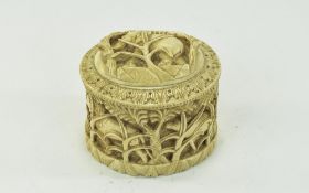 African Ivory Tusk Tobacco Box And Cover Carved With A Procession Depicting An Elephant, Lion,
