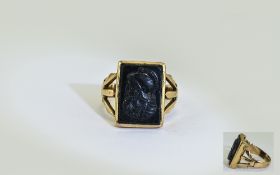 9ct Gold Set Quality Intaglio Dress Ring, With Open Worked Claw Shoulders.