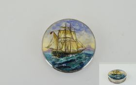 Elizabeth II Top Quality Silver and Enamel Circular Lidded Box with Image of 19th Century Ship on