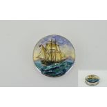 Elizabeth II Top Quality Silver and Enamel Circular Lidded Box with Image of 19th Century Ship on