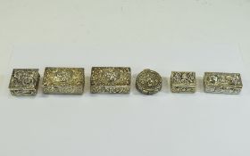 Vintage and Quality Silver Hinged Pill Boxes, Decorated In Embossed and Relief Features,