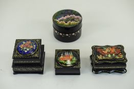 Russian Vintage Signed And Hand Painted Lacquered Boxes, 4 In Total. Various Shapes, Sizes And