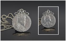 Edward VII Silver Coronation Medallion, Fully Hallmarked, Attached to a Sterling Silver Chain.