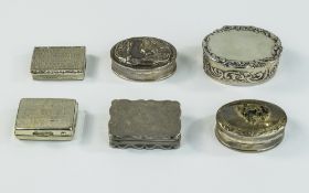 A Vintage Collection of Six Silver Pill Boxes.