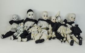 Vintage - French Pierrot Harlequin Dolls ( 10 ) In Total. c.1960's, with Porcelain Heads, Hands