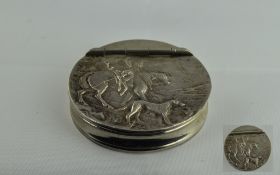 Elizabeth II Fine Circular Silver Pill Box with Embossed Figural Decoration to Cover In The Form of