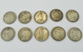 A Good Collection of Ten Victorian Silver Double Florins, Various Dates and Grades, 1887, 1889,