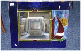 Leaded Tiffany Style Glass Mirror, Stylised Yacht Design In Blues, Green And Reds, 19 x 22 Inches.