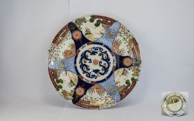 19thC Japanese Imari Charger, Painted Landscape Panels, Wired Back For Hanging, Diameter 18 Inches.