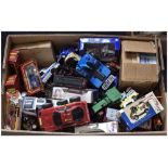 A Large Box Containing Diecast Model Cars, Buses, Trucks etc. Various Sizes and Makers.